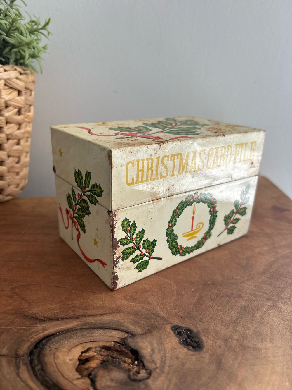 Vintage Christmas Card File Tin Metal Box Rustic Aged Holiday cream storage